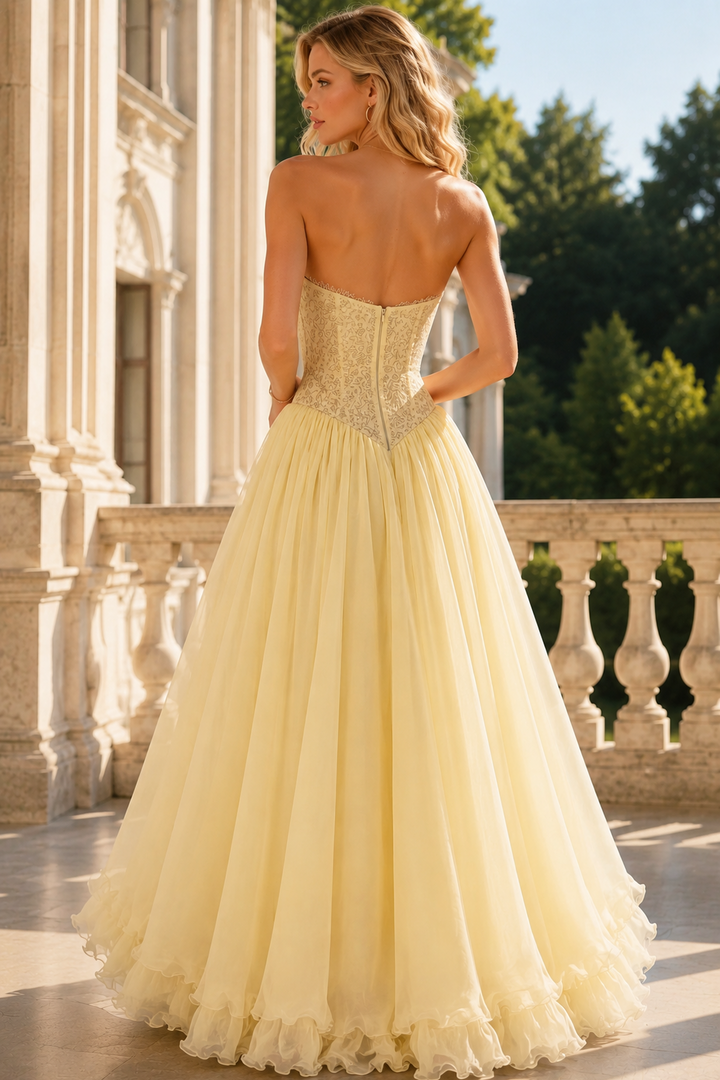 Yellow Sweetheart Strapless A-Line Chiffon Long Prom Dress with Applique