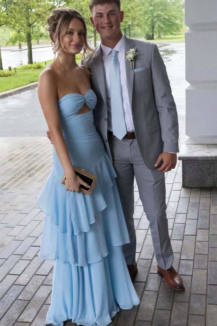 Blue Strapless Ruffles Sleeveless Chiffon Long Prom Party Dress