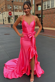 Pink Spaghetti Straps V-Neck Satin Bow Long Prom Dress with Slit