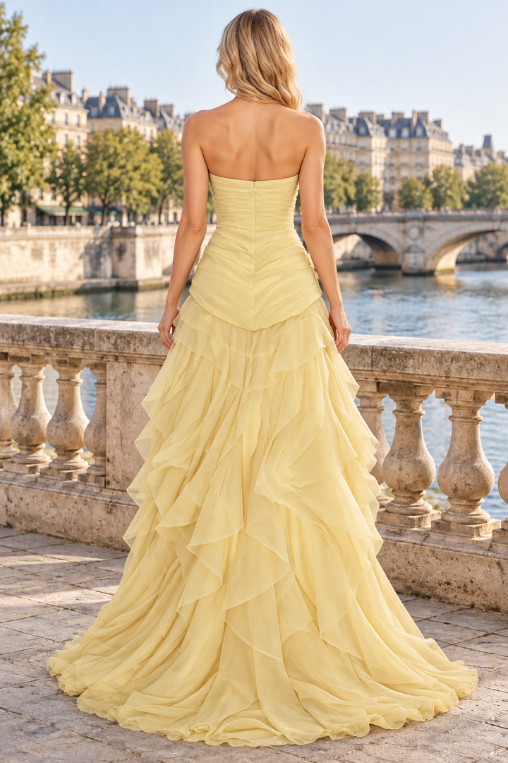 Blue V-Neck Strapless Ruffles Sleeveless A-Line Prom Dress with Slit