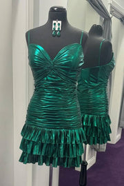 Emerald Green Twist Knot Ruched Metallic Ruffle Short Dress