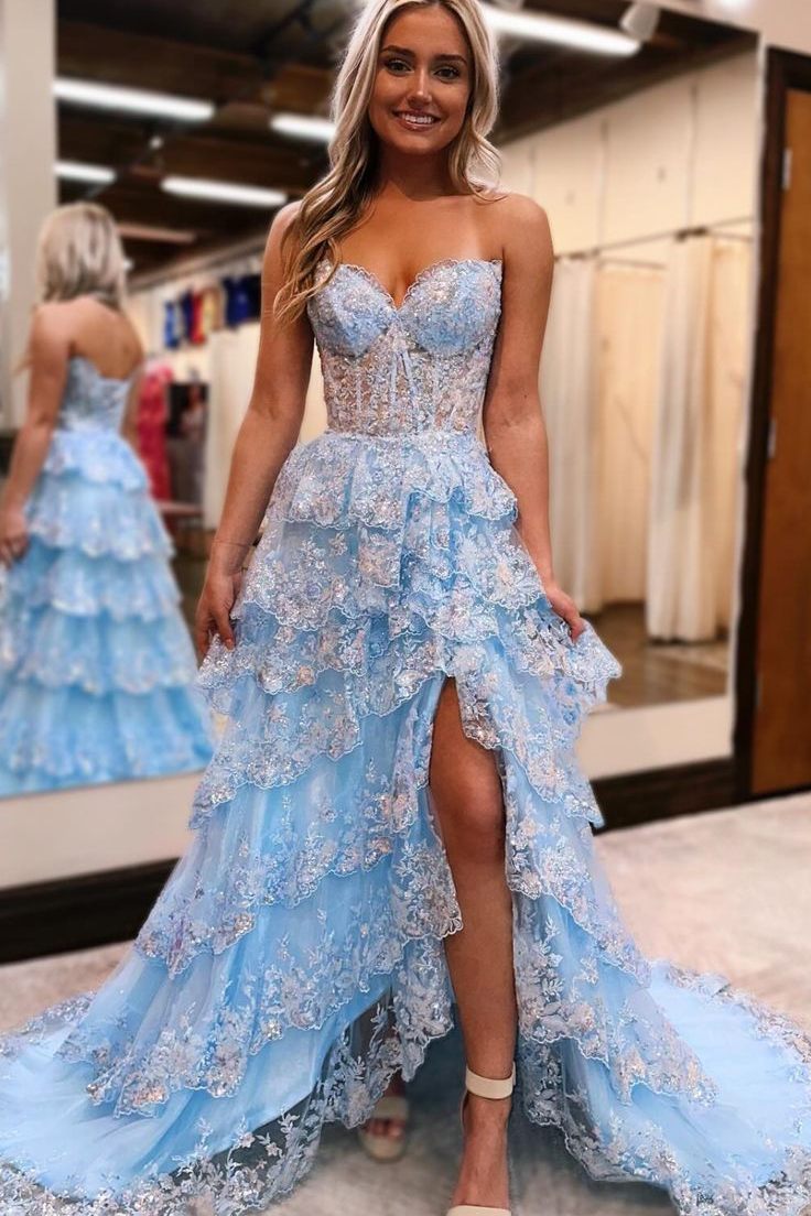 Blue Strapless A-Line V-Neck Sequins Appliques Tiered Prom Dress with Modsele Blue Strapless A-Line V-Neck Sequins Appliques Tiered Prom Dress with Modsele