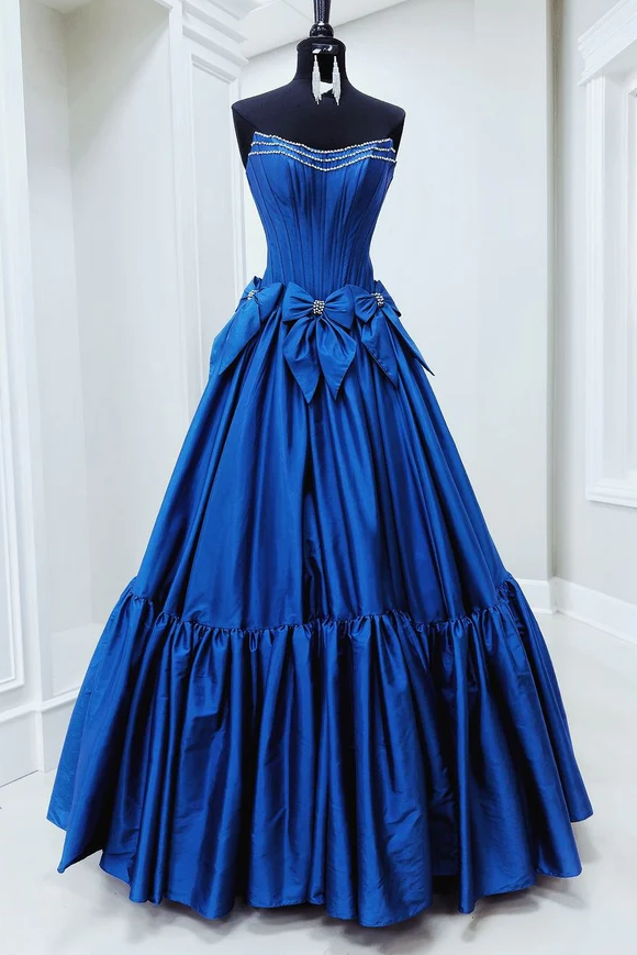 A-Line Strapless Scoop Empire-Waist Bow Satin Long Formal Prom Dress