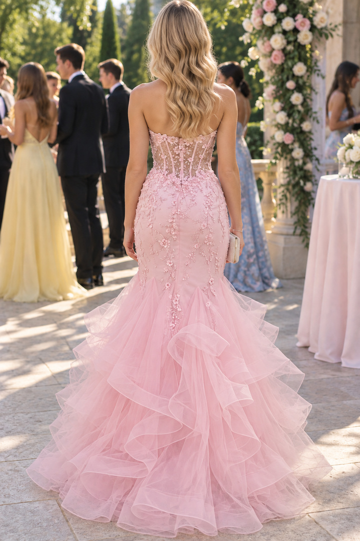 Pink Strapless Sleeveless Appliques Mermaid Ruffles Long Prom Dress