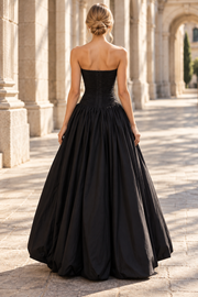 Fuchsia A-Line Strapless Scoop Neck Ruched Satin Long Prom Party Dress