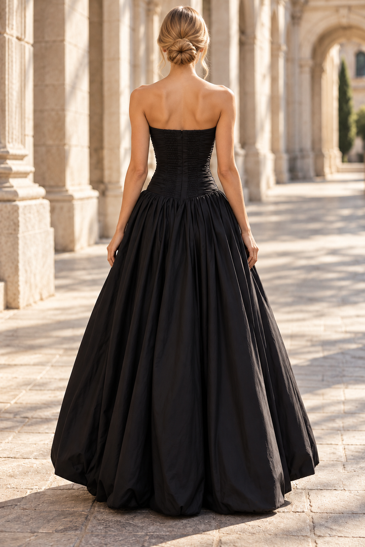 Fuchsia A-Line Strapless Scoop Neck Ruched Satin Long Prom Party Dress