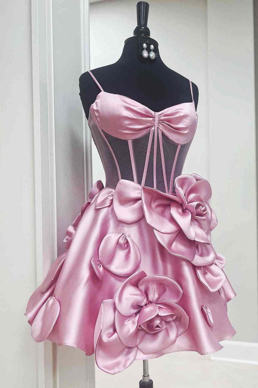 Pink Spaghetti Straps A-Line Homecoming Dress with 3D Floral