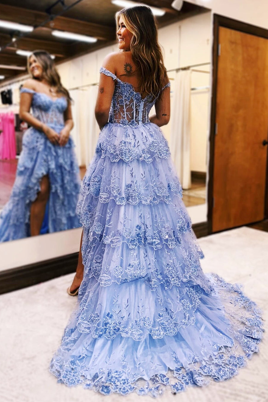 Periwinkle Tulle Appliques Off-the-Shoulder Ruffle Long Prom Dress