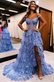 Periwinkle Tulle Appliques Off-the-Shoulder Ruffle Long Prom Dress
