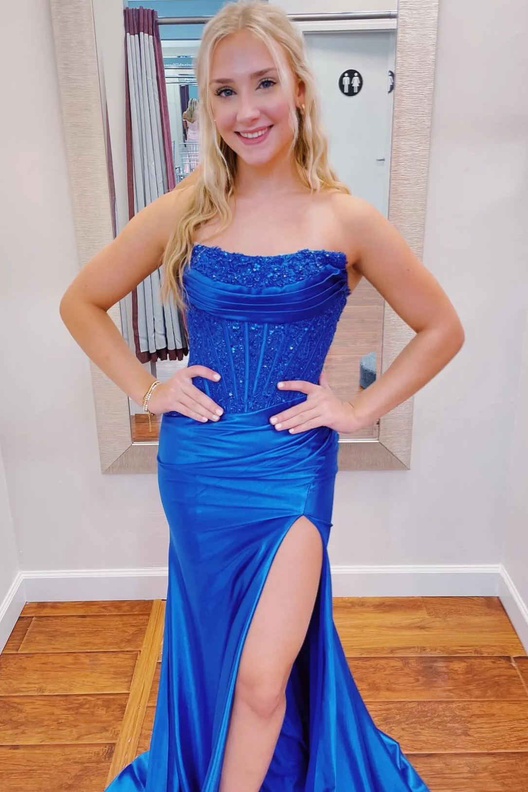 Strapless Scoop Pleats High Slit Mermaid Sleeveless Long Prom Dress