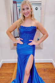 Strapless Scoop Pleats High Slit Mermaid Sleeveless Long Prom Dress