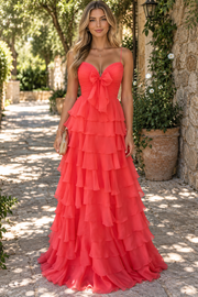 A-Line Spaghetti Straps V-Neck Ruffles Chiffon Long Prom Dress