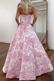 Pink Strapless A-Line Empire-Waist Sleeveless Jacquard Long Prom Dress with Pearls