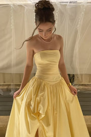 Classy Yellow A-Line Strapless Empire-Waist Satin Long Prom Dress with Slit