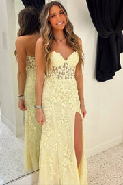 Classic Lace Appliques Strapless Mermaid Prom Dress with Slit