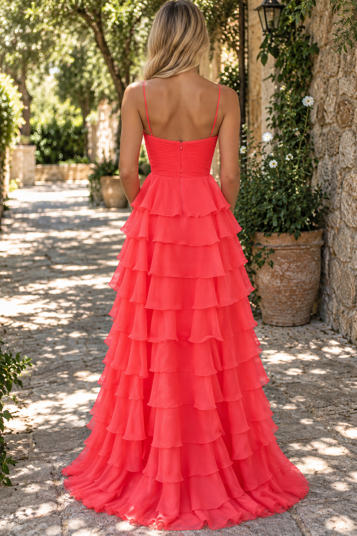 A-Line Spaghetti Straps V-Neck Ruffles Chiffon Long Prom Dress