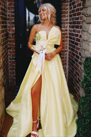 Strapless A-Line Big Bow Empire-Waist Satin Long Prom Formal Dress