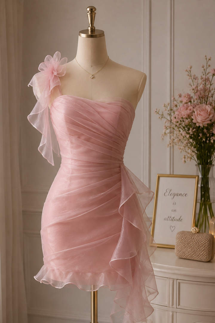 Pink One Shoulder Ruched Chiffon Sleeveless Homecoming Party Dress with Flower
