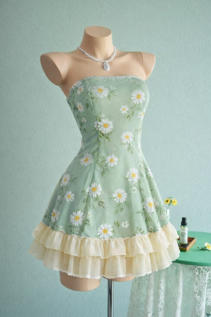 Green A-Line Strapless Print Ruffles Empire-Waist Short Homecoming Summer Dress