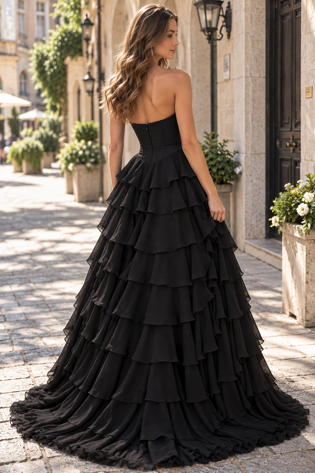 A-Line Strapless Beads V-Neck Tiered Chiffon Sleeveless Prom Dress with Slit
