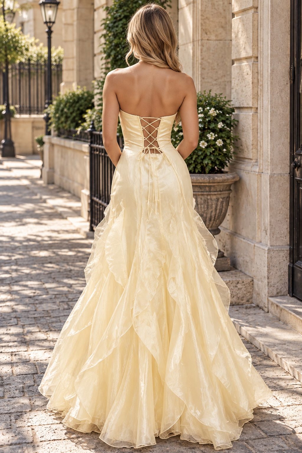 Yellow Strapless Scoop Neck Ruffles Sleeveless Formal Prom Dress