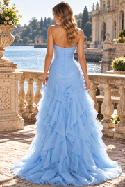 Blue V-Neck Strapless Ruffles Sleeveless A-Line Prom Dress with Slit