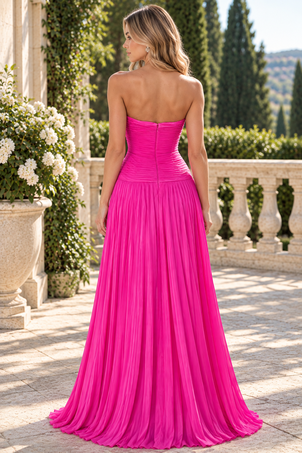 Hot Pink Strapless Keyhole Pleated A-Line Prom Dress