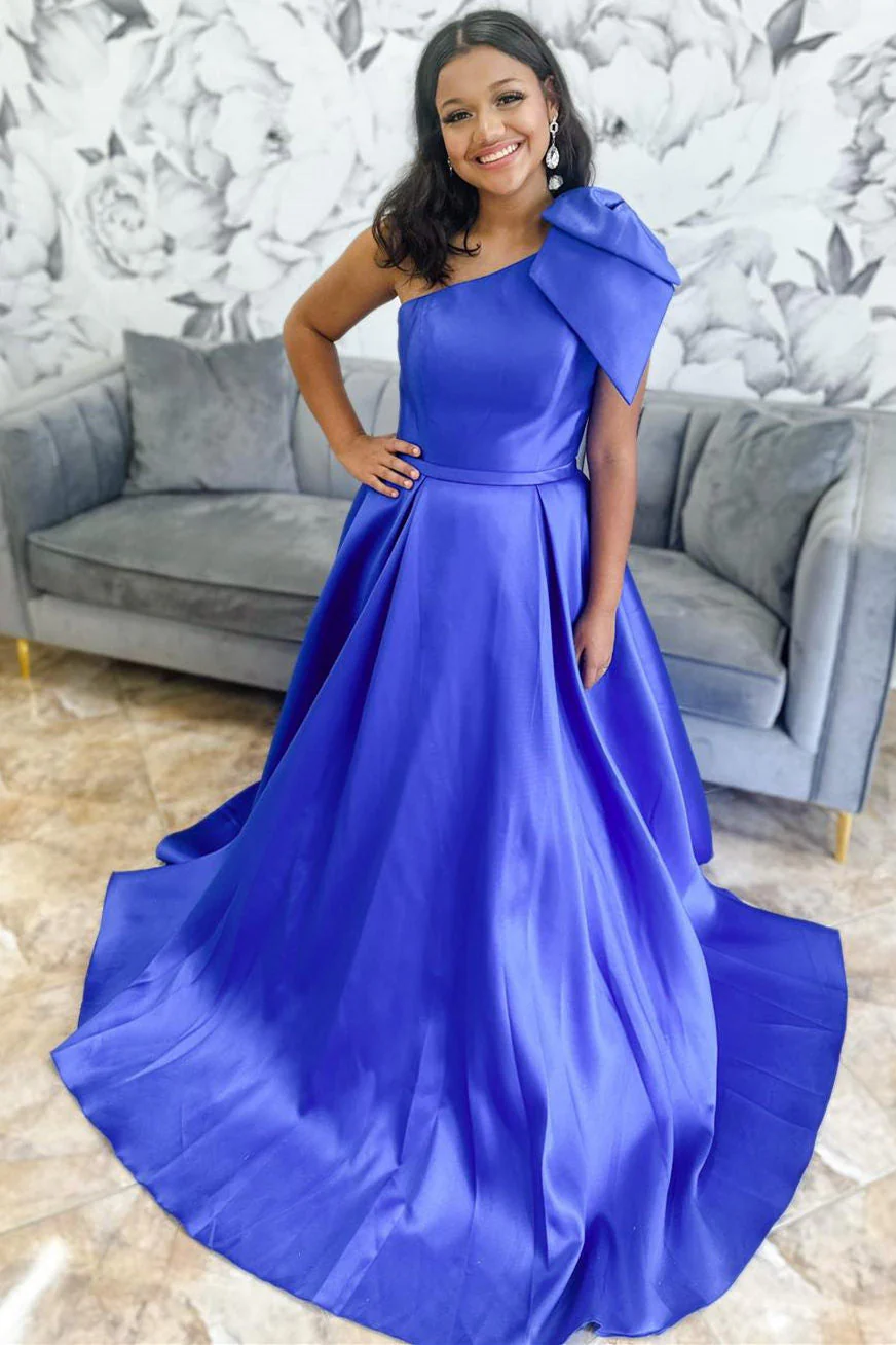 One-Shoulder Royal Blue Ball Gown with Bow