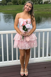 Cute Strapless A-Line Sequins Appliques Short Homecoming Dress with Ruffles