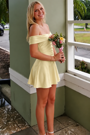 Pink Satin Off-Shoulder A-Line Pleats Short Party Homecoming Dress