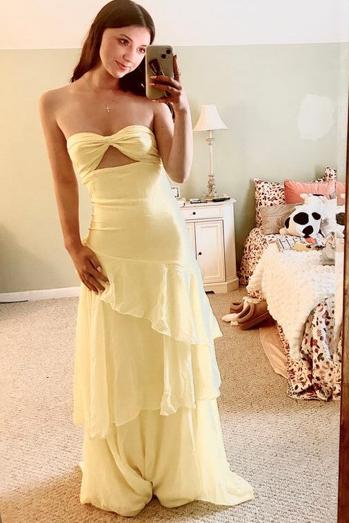 Blue Strapless Ruffles Sleeveless Chiffon Long Prom Party Dress