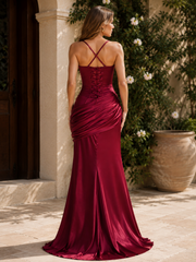 Navy Blue Straps Pleats Mermaid Satin Sleeveless Long Prom Dress
