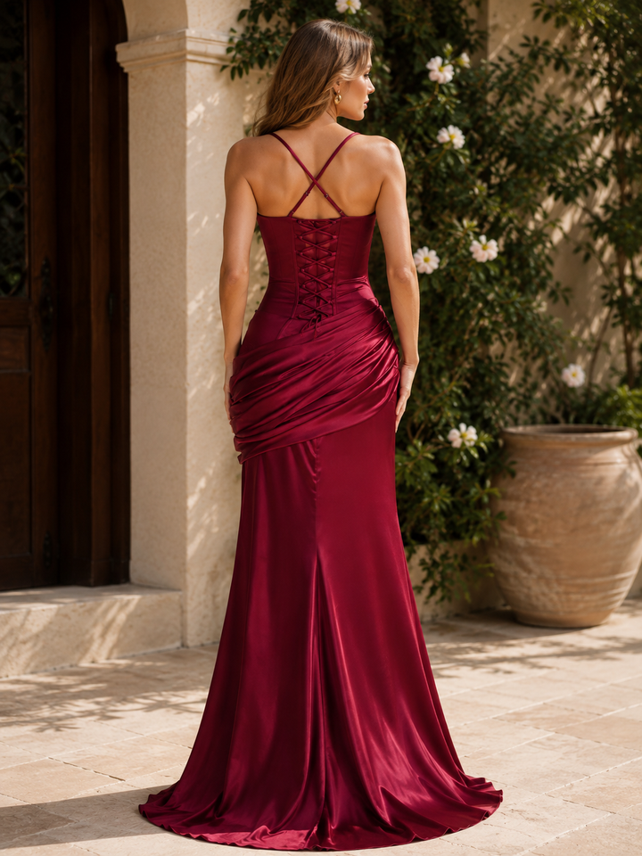 Navy Blue Straps Pleats Mermaid Satin Sleeveless Long Prom Dress