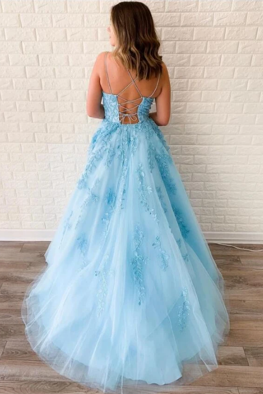 A-Line Spaghetti Straps Appliques Tulle Long Prom Formal Dress