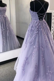 A-Line Spaghetti Straps Appliques Tulle Long Prom Formal Dress