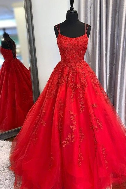 A-Line Spaghetti Straps Appliques Tulle Long Prom Formal Dress