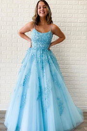 A-Line Spaghetti Straps Appliques Tulle Long Prom Formal Dress