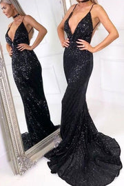 Black Sequin V-Neck Lace-Up Back Mermaid Prom Dress