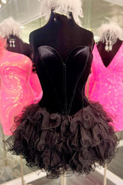 Black Velvet Strapless Ruffles Short Homecoming Dress