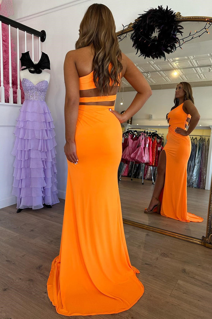 One-Shoulder Orange Cutout Mermaid Long Formal Dress