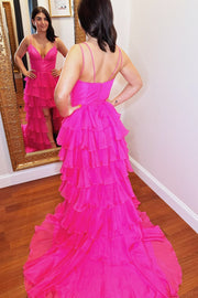 High-low Hot Pink Multi-tiered Long Prom Dress