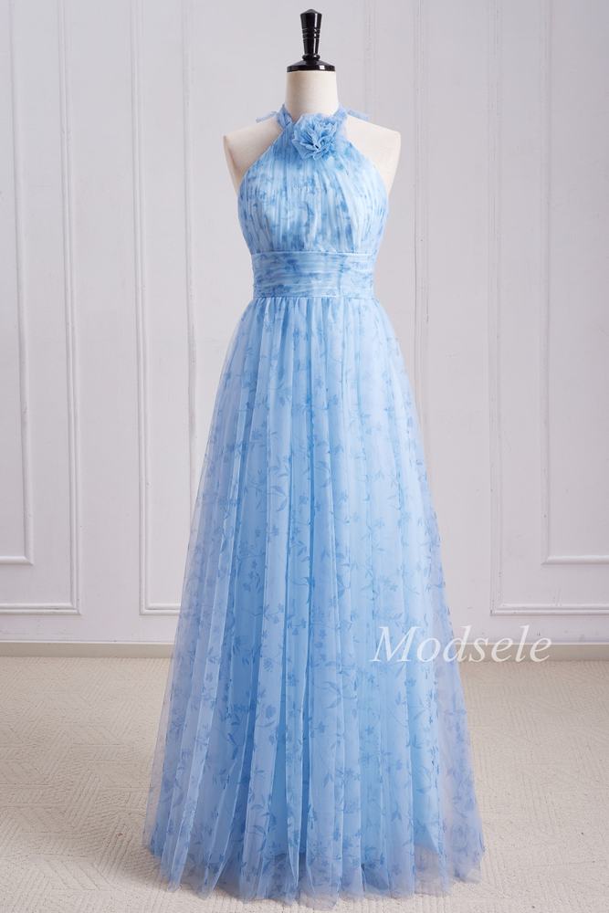 Blue Print Halter Long Bridesmaid Dress with Rosette