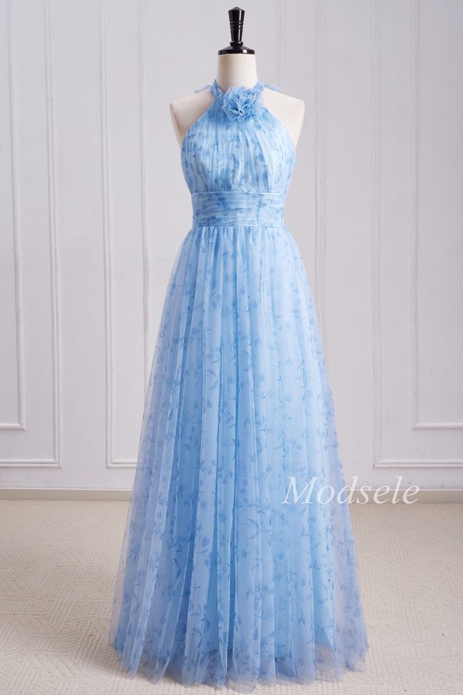 blue dress for baby girl Blue Print Halter Long Bridesmaid Dress with Rosette – Modsele