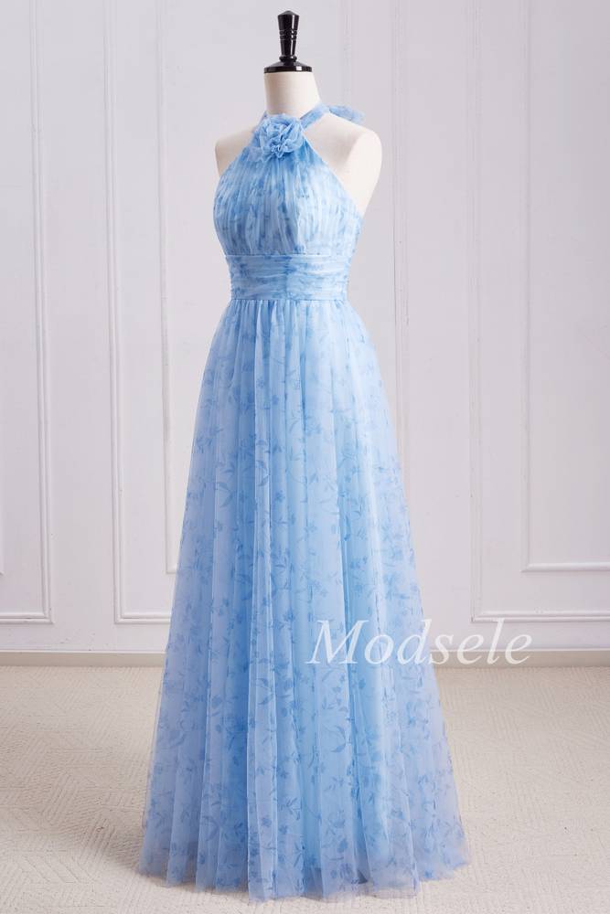 Blue Print Halter Long Bridesmaid Dress with Rosette