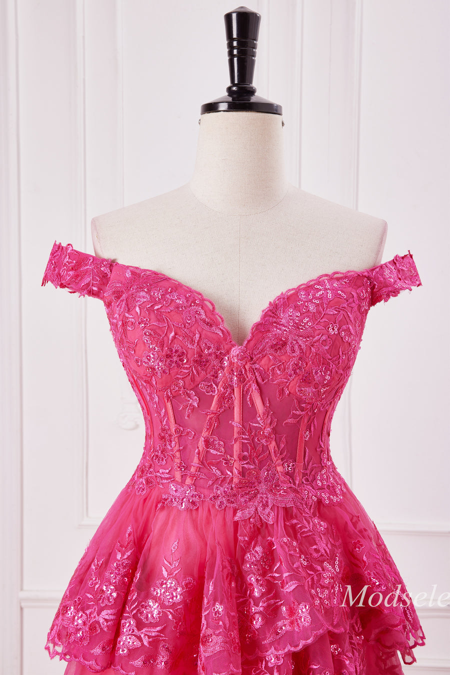Fuchsia Glitter Appliques Off-the-Shoulder Ruffle Long Prom Dress
