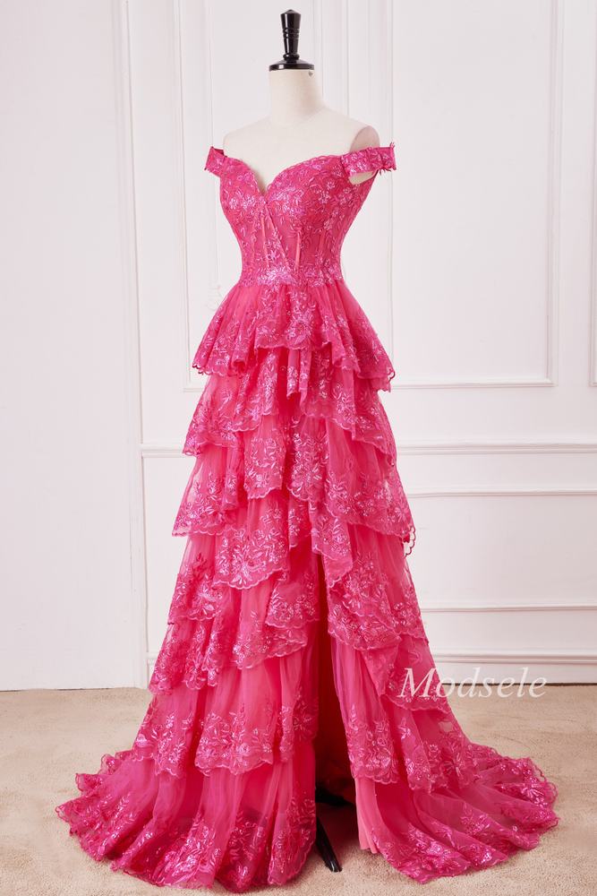 Fuchsia Glitter Appliques Off-the-Shoulder Ruffle Long Prom Dress Modsele Fuchsia Glitter Appliques Off-the-Shoulder Ruffle Long Prom Dress Modsele