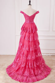 Fuchsia Glitter Appliques Off-the-Shoulder Ruffle Long Prom Dress