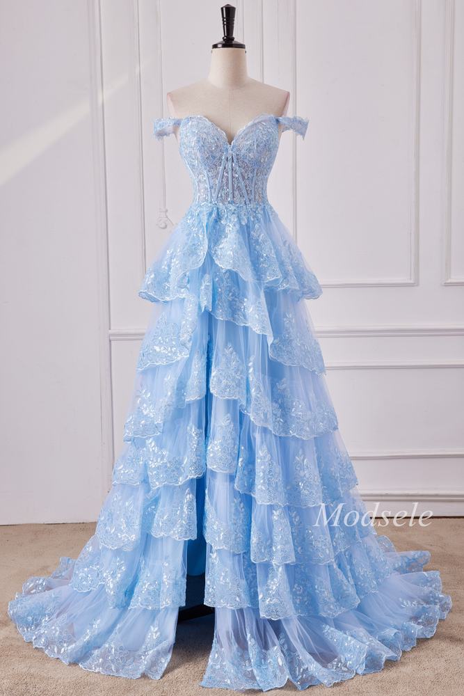 Light Blue Tulle Sequin Off-the-Shoulder Ruffle Long Gown with Slit Modsele Light Blue Tulle Sequin Off-the-Shoulder Ruffle Long Gown with Slit Modsele