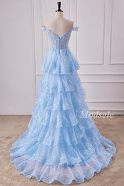 Light Blue Tulle Sequin Off-the-Shoulder Ruffle Long Gown with Slit