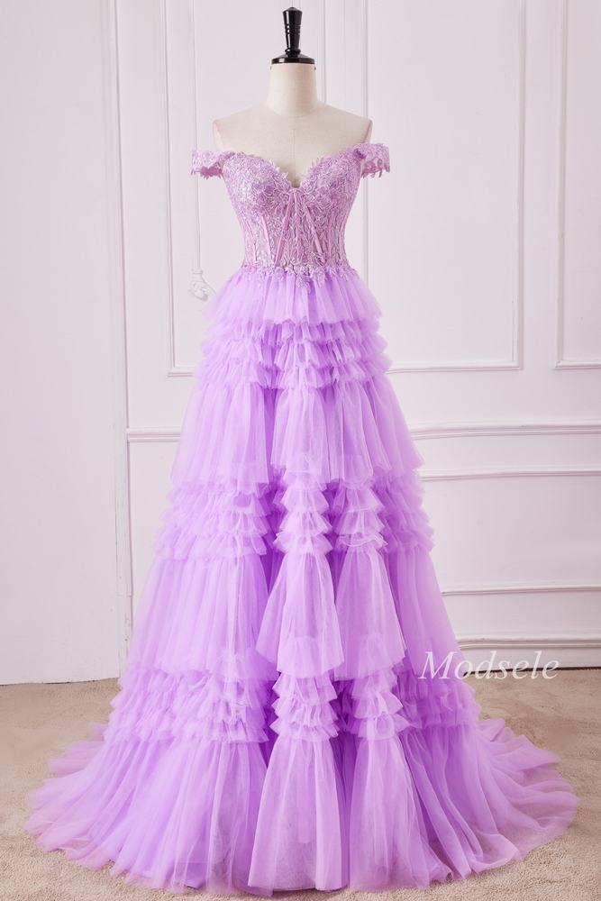 Lilac Glitter Appliques Off-the-Shoulder Ruffle Tiered Gown – Modsele